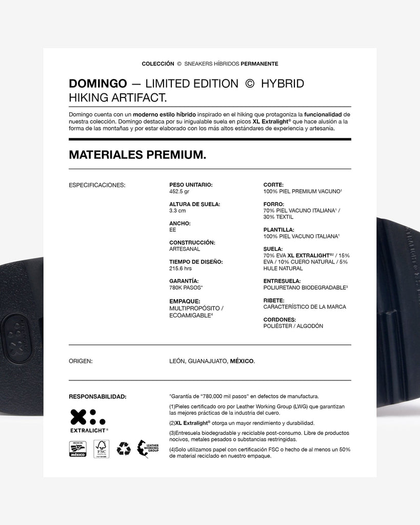 Tabla descriptiva de tenis sustentables Domingo Edicion Limitada | L - A - D ®